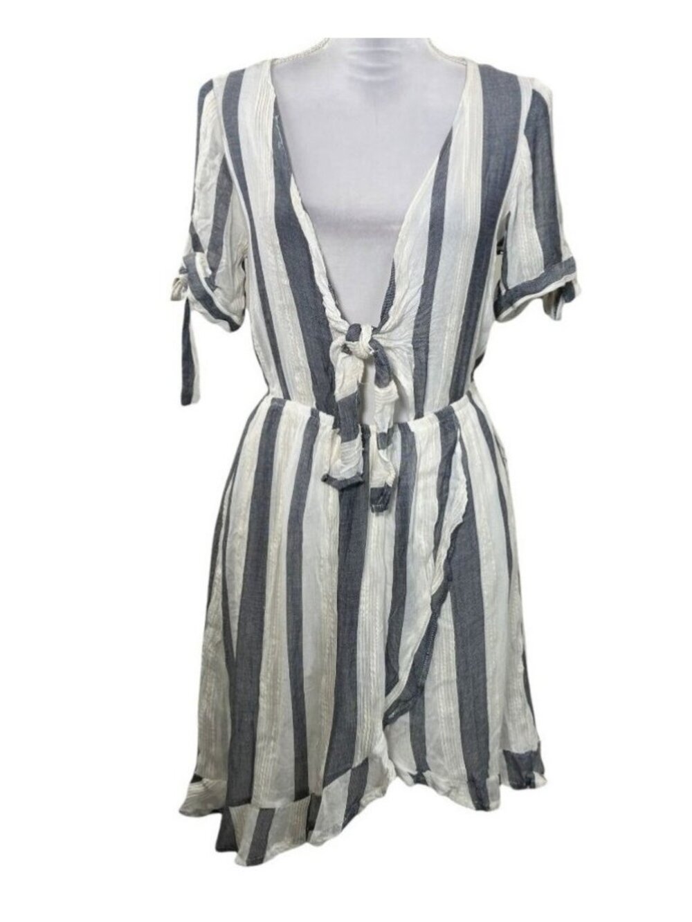 Vintage Havana Womens M Striped Tie Front Dress Gray White Boho Casual